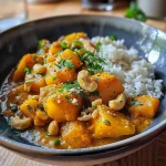 A close-up view of vibrant Süßkartoffel Curry with sweet potatoes, red onions, and lentils in a bowl.