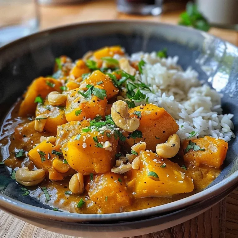 A close-up view of vibrant Süßkartoffel Curry with sweet potatoes, red onions, and lentils in a bowl.