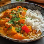 Close-up of a vibrant Süßkartoffel-Linsen-Curry in a bowl.