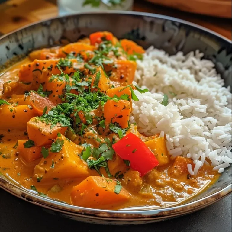 Close-up of a vibrant Süßkartoffel-Linsen-Curry in a bowl.