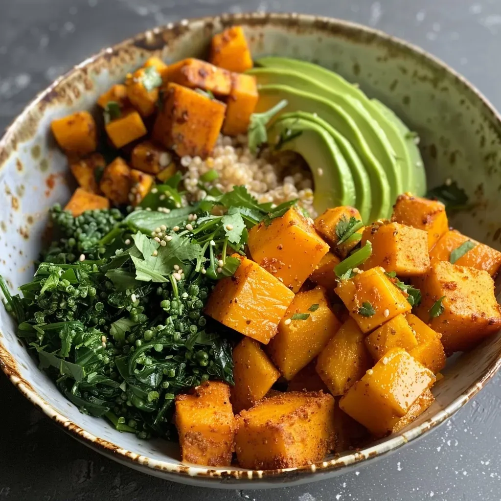 Side view of a hearty Süßkartoffel Quinoa Bowl topped with avocado and spices.
