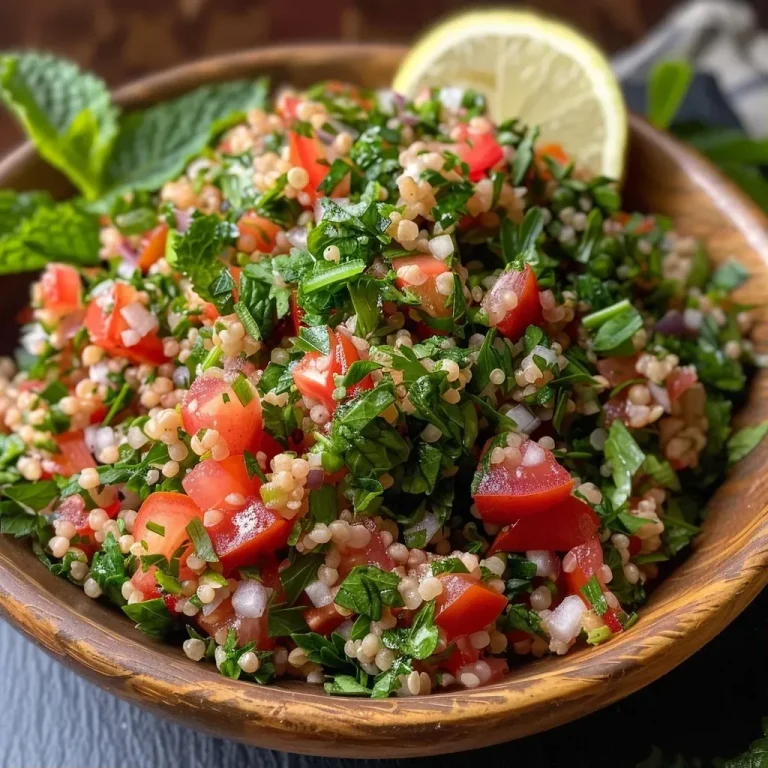 Frischer Genuss im Glas: Mein einfaches Tabbouleh für jede Gelegenheit A close-up view of fresh Tabbouleh salad with vibrant green parsley and diced tomatoes.