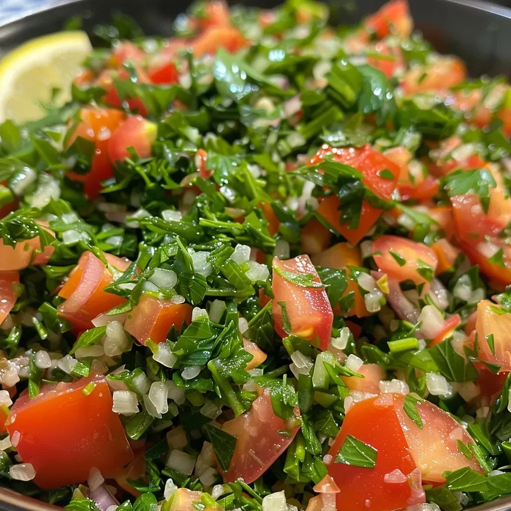 Side view of tabbouleh with green parsley, red tomatoes, and cucumbers.