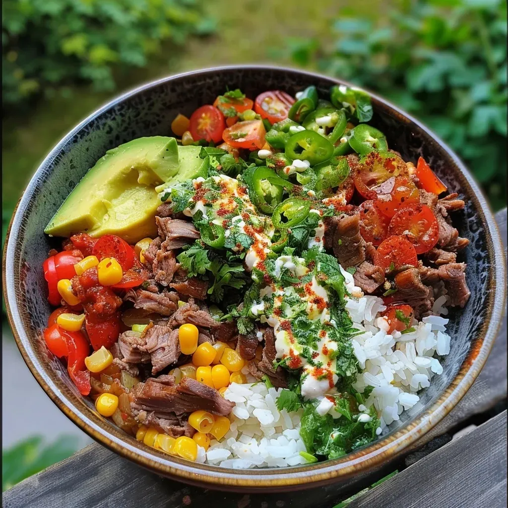 A vibrant taco bowl filled with seasoned ground beef, rice, and fresh toppings.