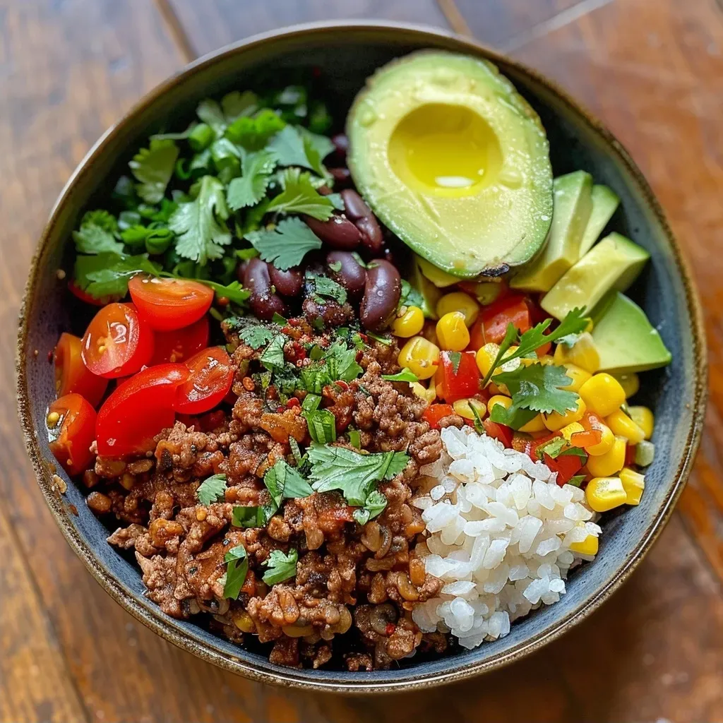 Close-up view of a colorful taco bowl showcasing layers of ingredients including meat, beans, and avocado.