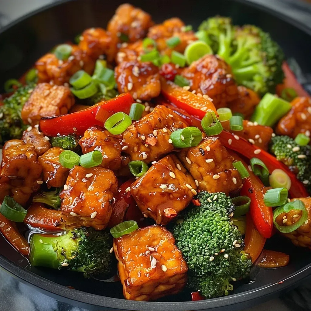 Close-up view of a colorful stir-fry featuring tempeh, broccoli, and bell peppers.