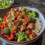 Close-up of a vibrant tempeh stir fry featuring red bell pepper and broccoli.