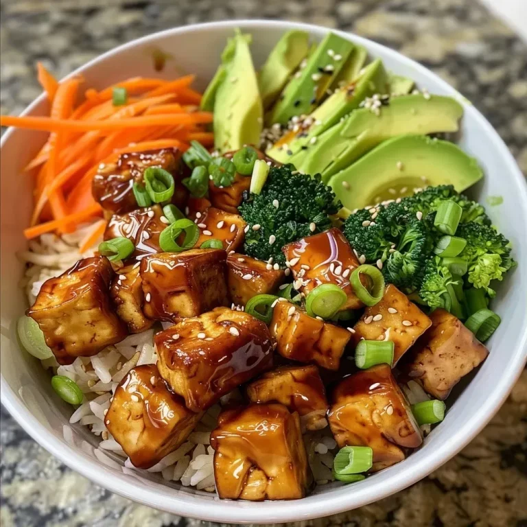Close-up view of a vibrant Teriyaki Tofu Bowl with colorful vegetables.