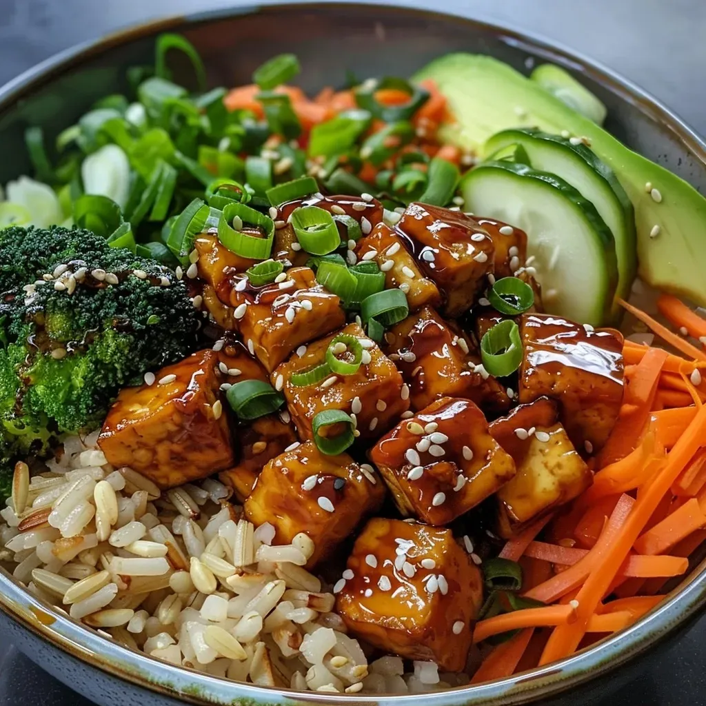 Side view of a delicious Teriyaki Tofu Bowl showcasing tofu, rice, and fresh veggies.