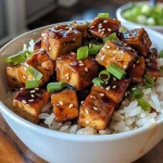 Close-up of a Teriyaki Tofu Rice Bowl garnished with scallions and sesame seeds, showing a colorful array of ingredients.
