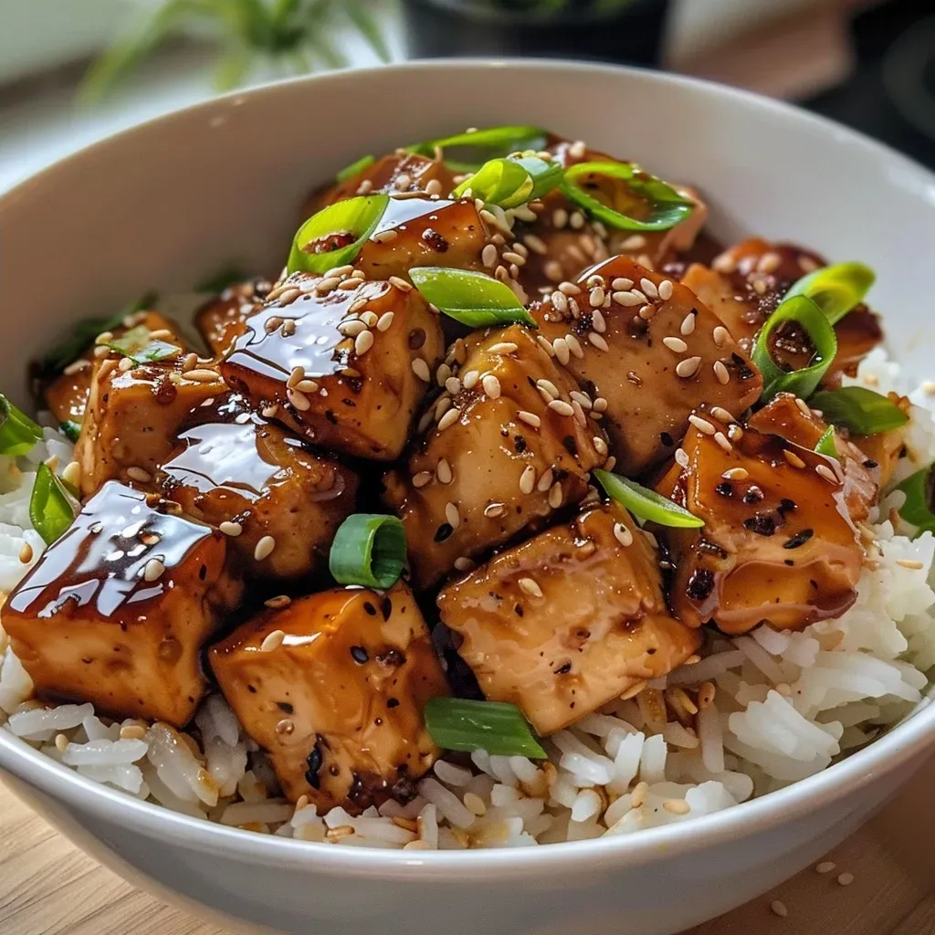 Side view of a delicious Teriyaki Tofu Rice Bowl filled with shiny tofu cubes, vegetables, and rice, served in a bowl.