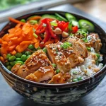 Close-up of a vibrant Buddha bowl featuring Thai peanut chicken and colorful vegetables.