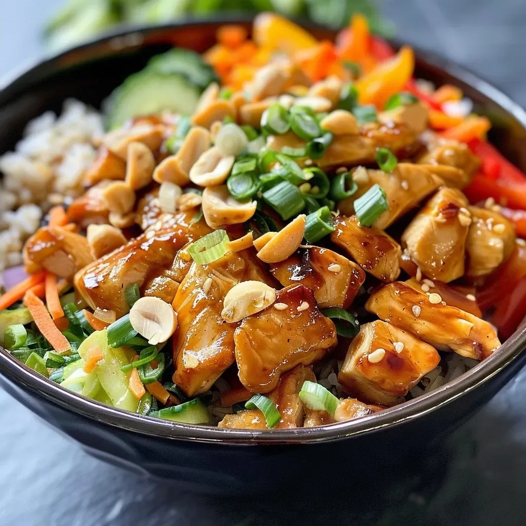 Side view of a delicious Buddha bowl with juicy chicken, peanut sauce, and mixed veggies.