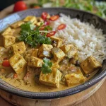 Close-up view of a vibrant bowl of Tofu Curry with fresh vegetables and rice.