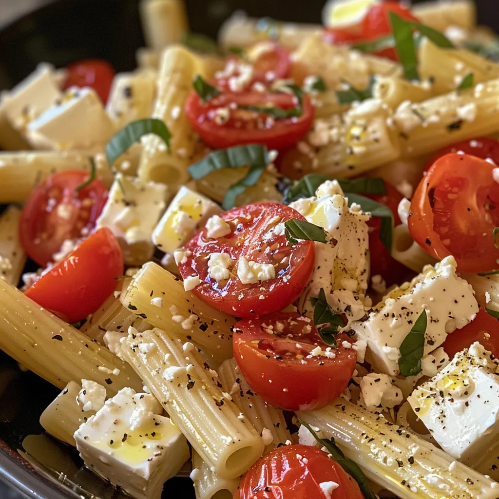 Close-up view of baked feta pasta with cherry tomatoes and garlic.