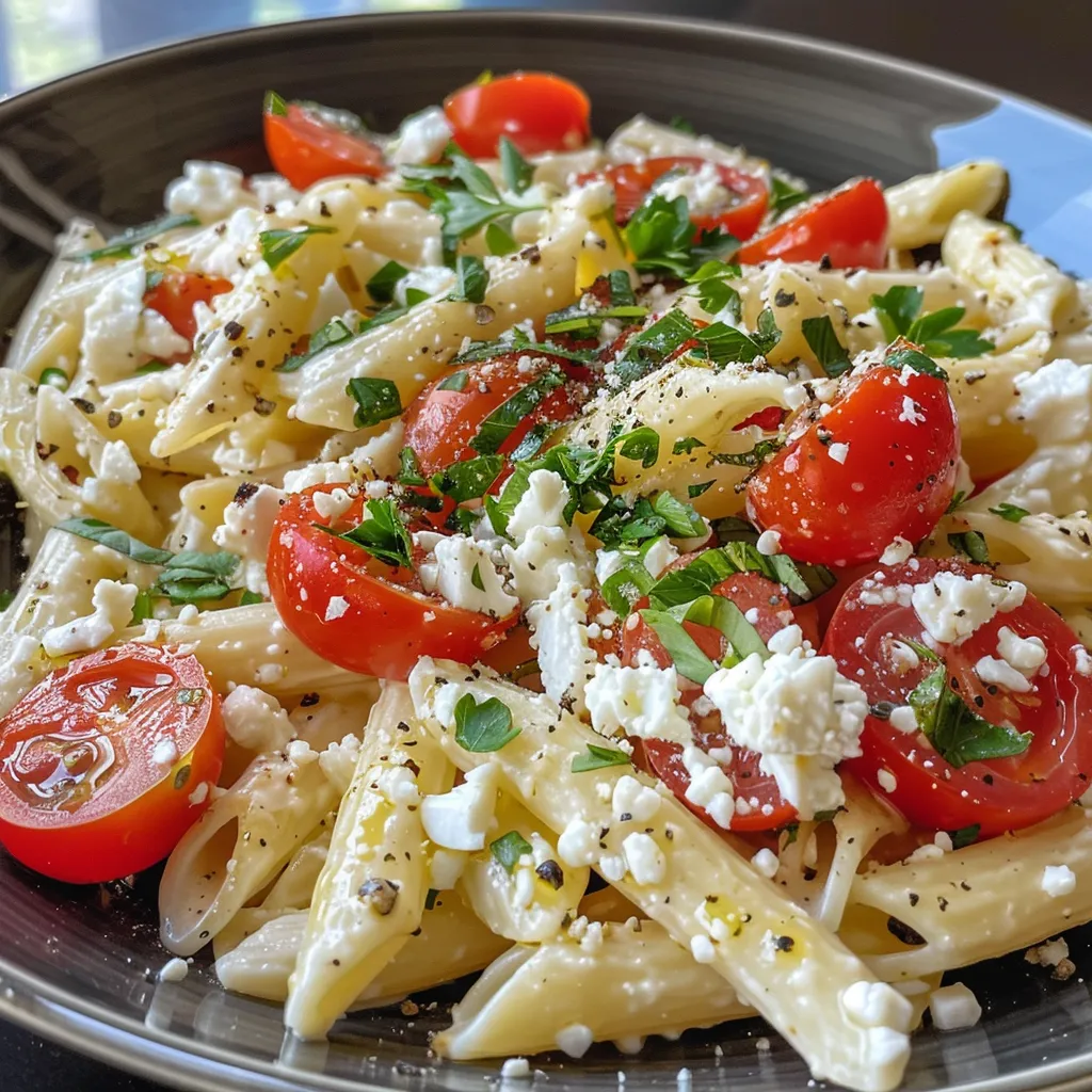 Juicy baked feta pasta dish topped with fresh herbs and olive oil.