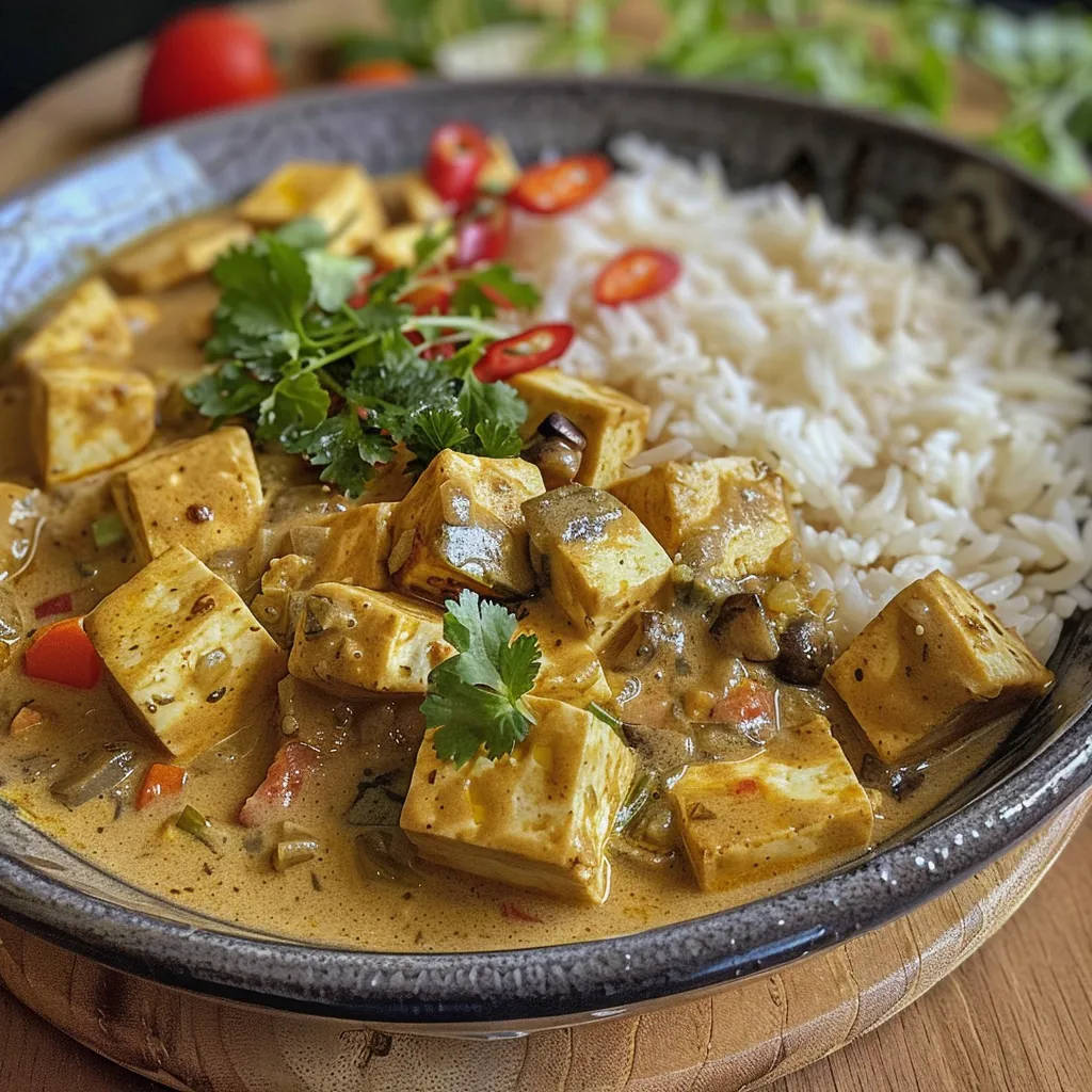 Close-up side view of a bowl of colorful Tofu Curry with vegetables.
