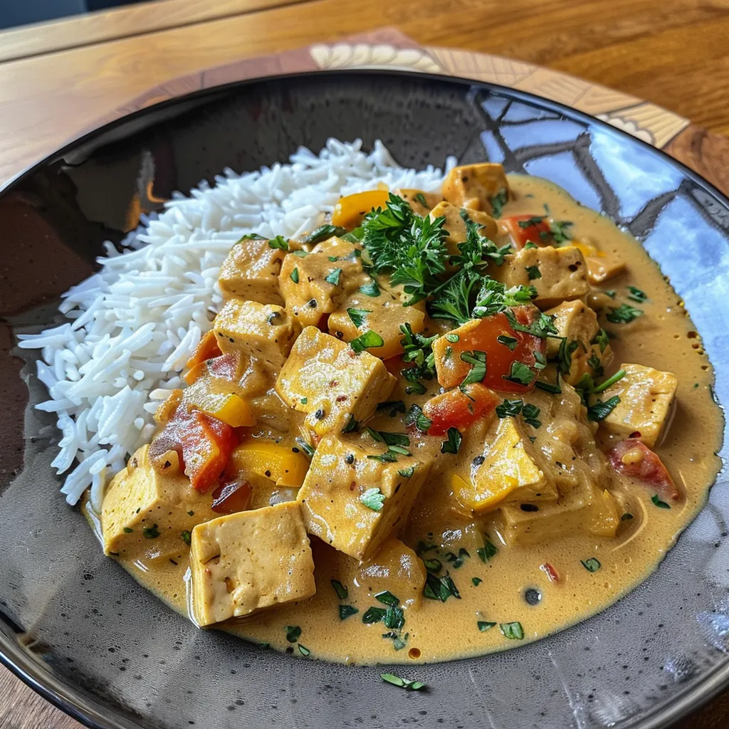 Juicy Tofu Curry with vibrant vegetables displayed in a bowl, captured with an iPhone.
