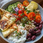 Close-up view of a vibrant Greek bowl featuring golden halloumi and fresh vegetables.