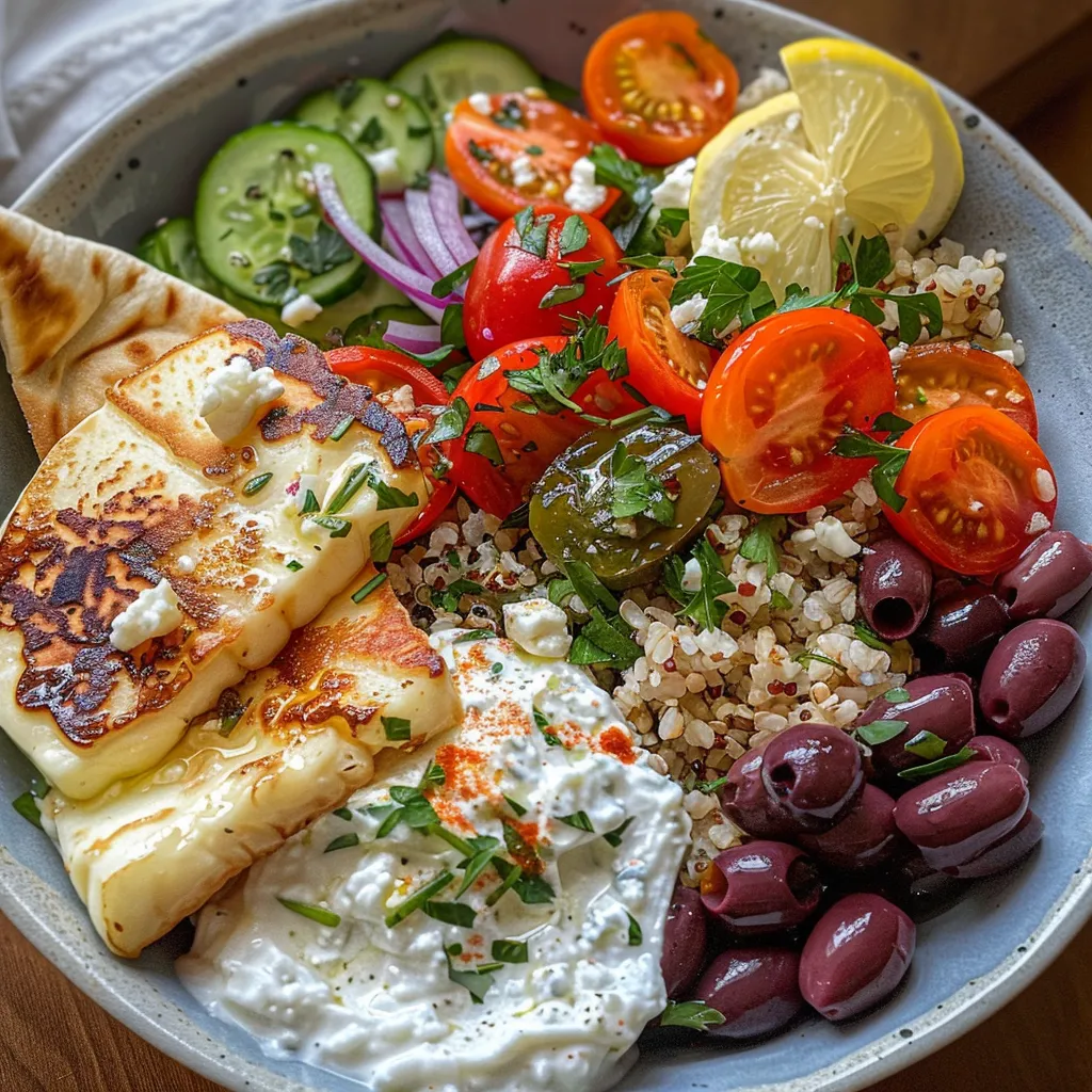 Close-up view of a vibrant Greek bowl featuring golden halloumi and fresh vegetables.