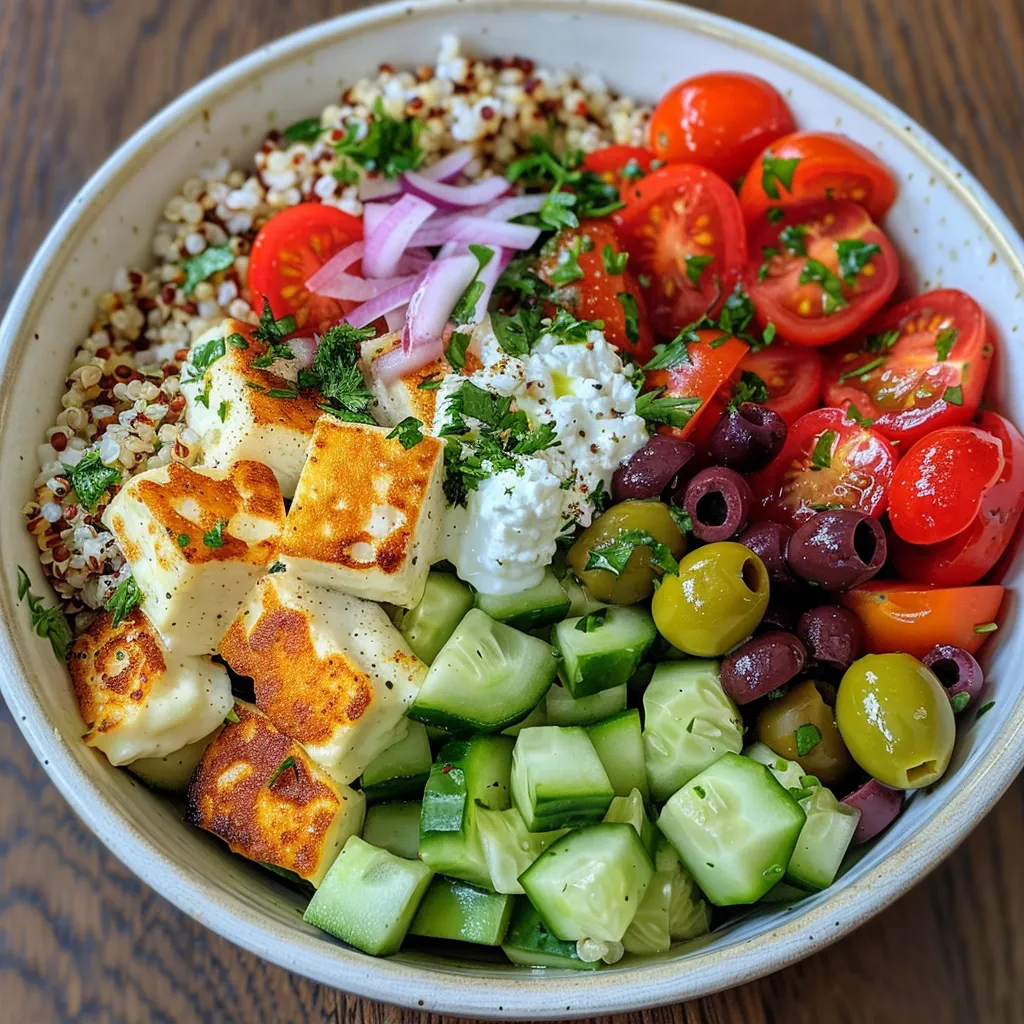 Side view of a colorful Greek bowl with halloumi cheese, olives, and cherry tomatoes.