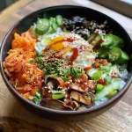 Close-up view of a colorful vegetarian bibimbap bowl with various fresh ingredients.