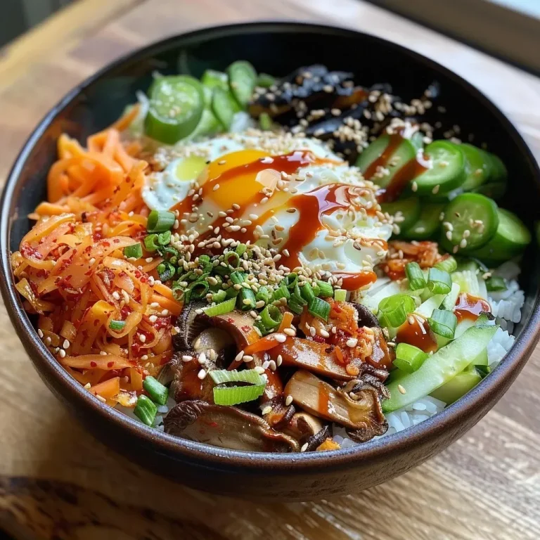 Close-up view of a colorful vegetarian bibimbap bowl with various fresh ingredients.