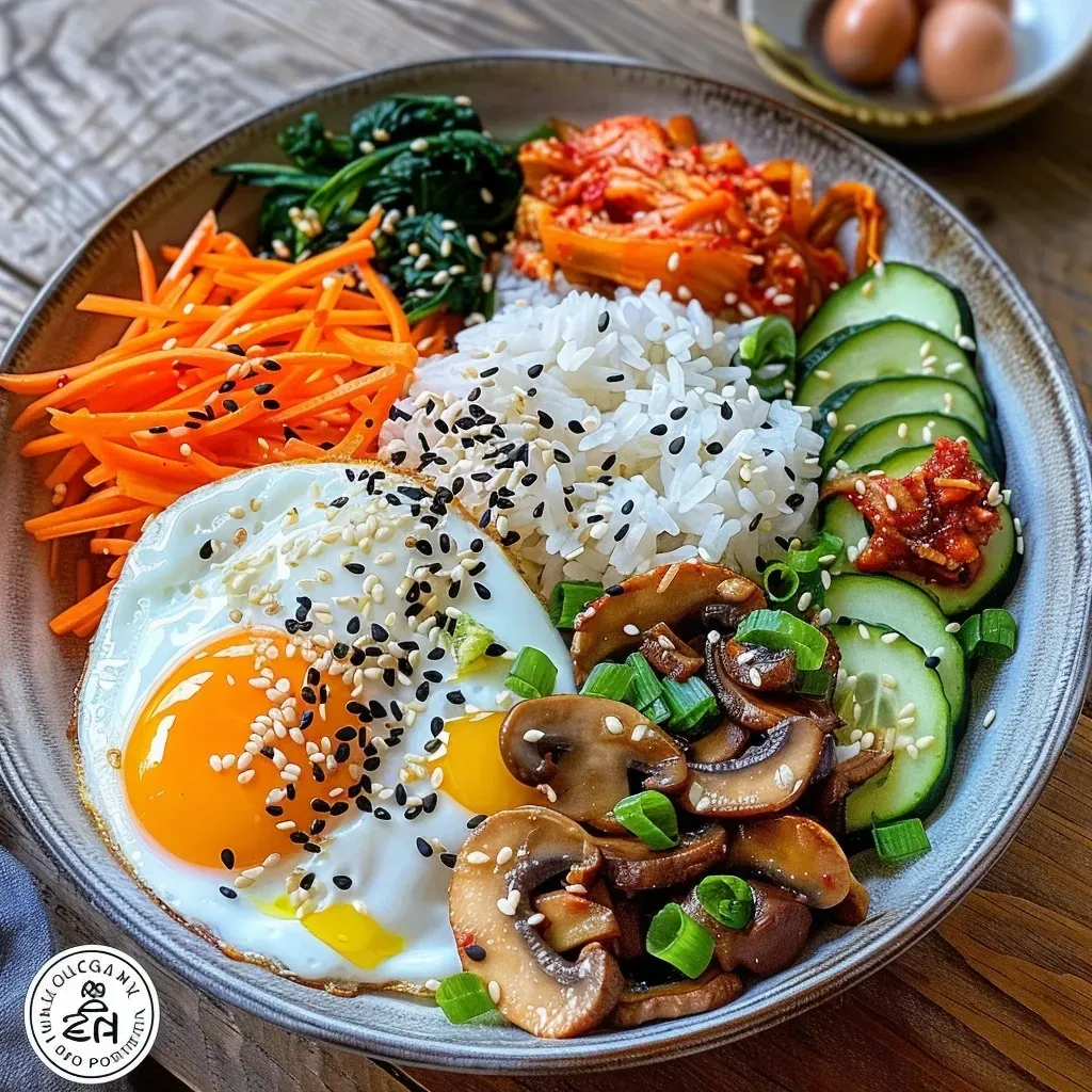 Side perspective of a vibrant bibimbap featuring rice, vegetables, and toppings in a bowl.
