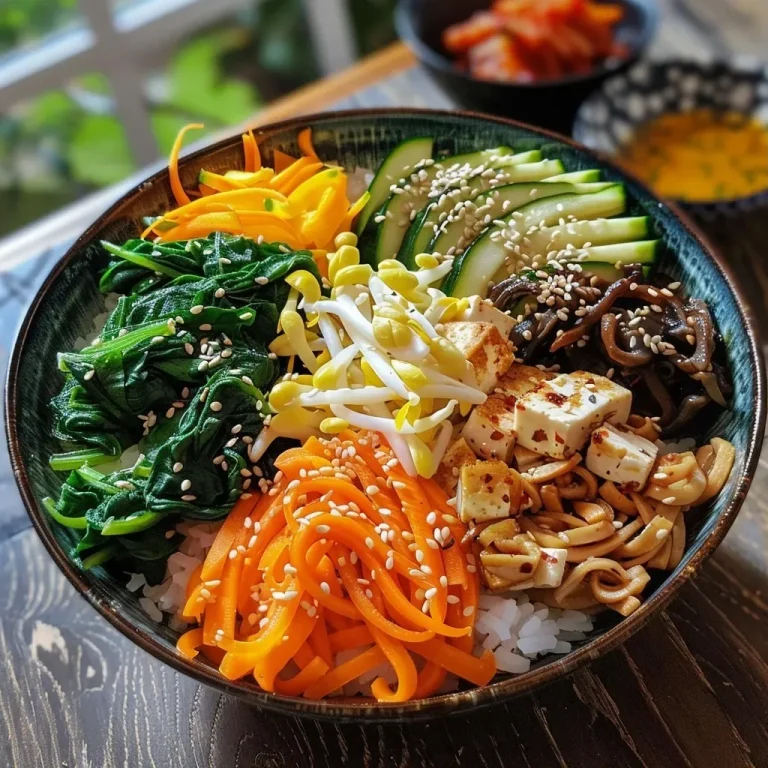 Bunt und Gesund: Mein einfaches Veggie Bibimbap für jeden Tag Close-up of a vibrant veggie bibimbap bowl with colorful vegetables and tofu.