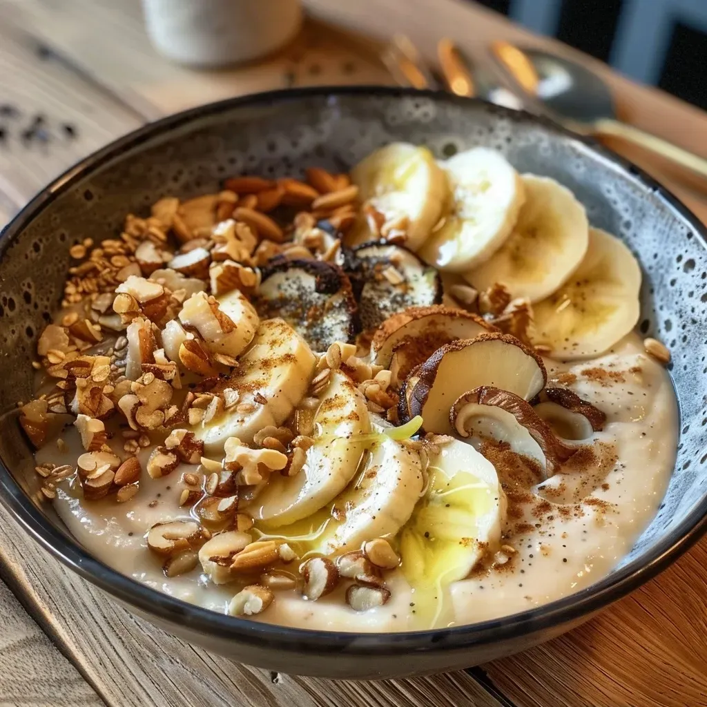 Side angle of a delicious millet bowl featuring ripe pears and whole almonds, with a hint of spices.