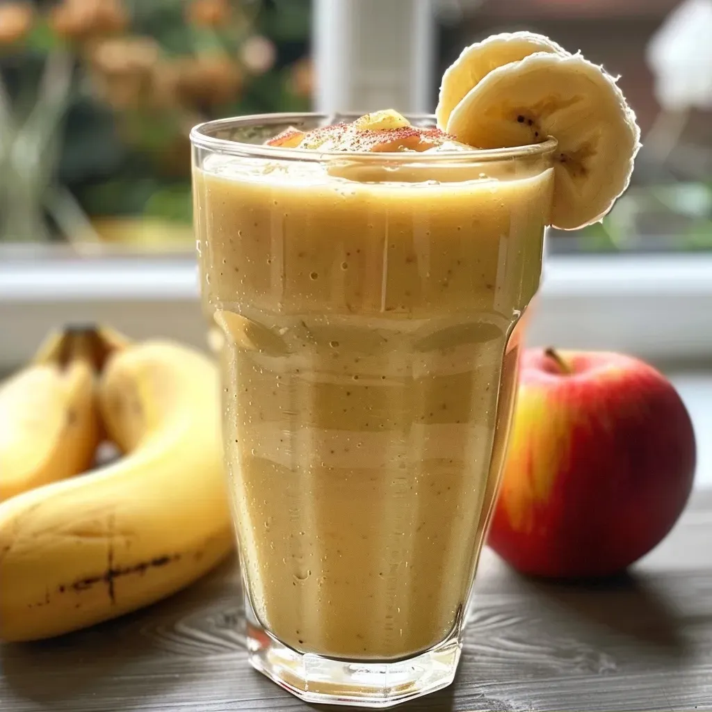 Side angle of a creamy smoothie with apple slices and a sprinkle of cinnamon.