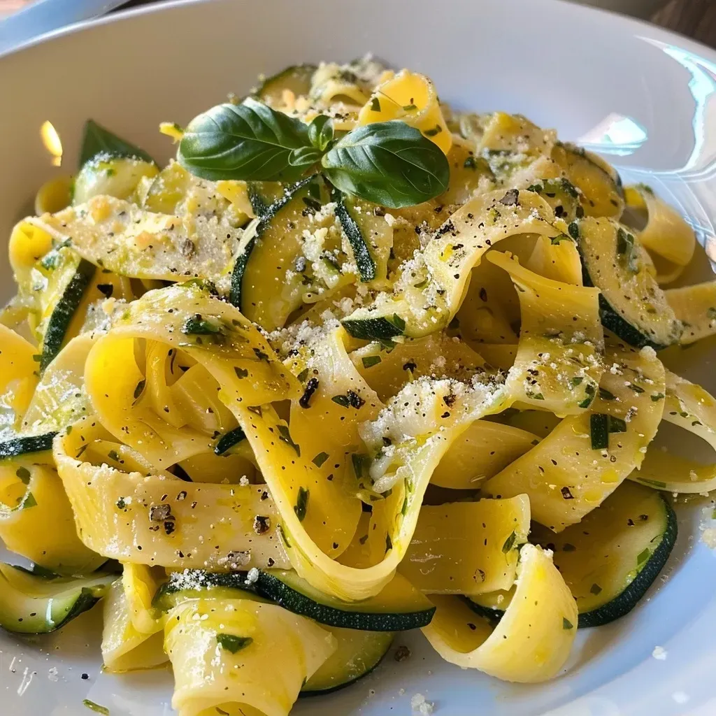 Close-up view of lemon pasta with zucchini on a plate, showcasing fresh ingredients.