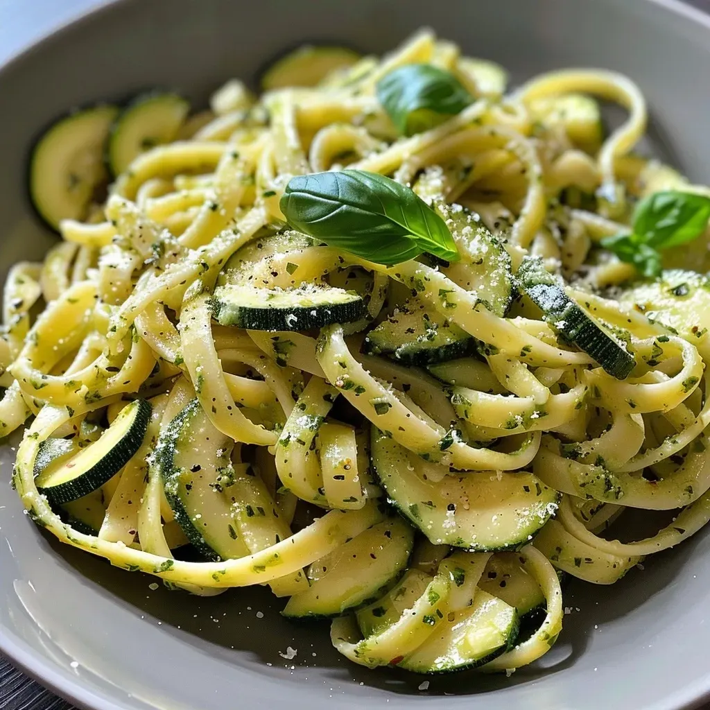 Side angle of Zitronenpasta with zucchini, highlighting the vibrant colors and textures.