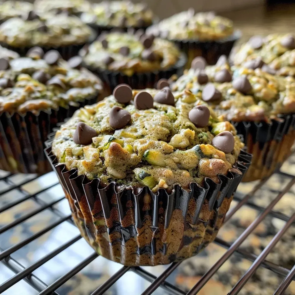 Close-up shot of moist zucchini muffins with chocolate chips.