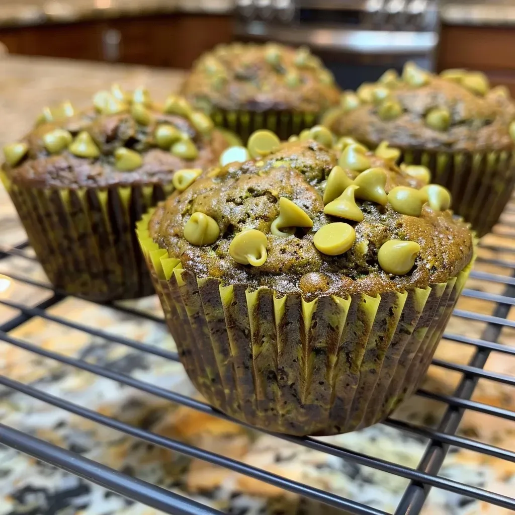 Side view of freshly baked zucchini muffins topped with mini chocolate chips.