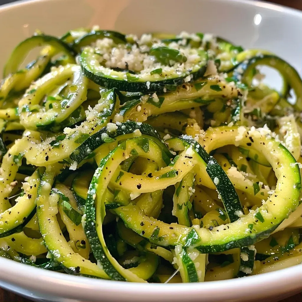 A close-up view of a vibrant zucchini noodle bowl filled with fresh vegetables.