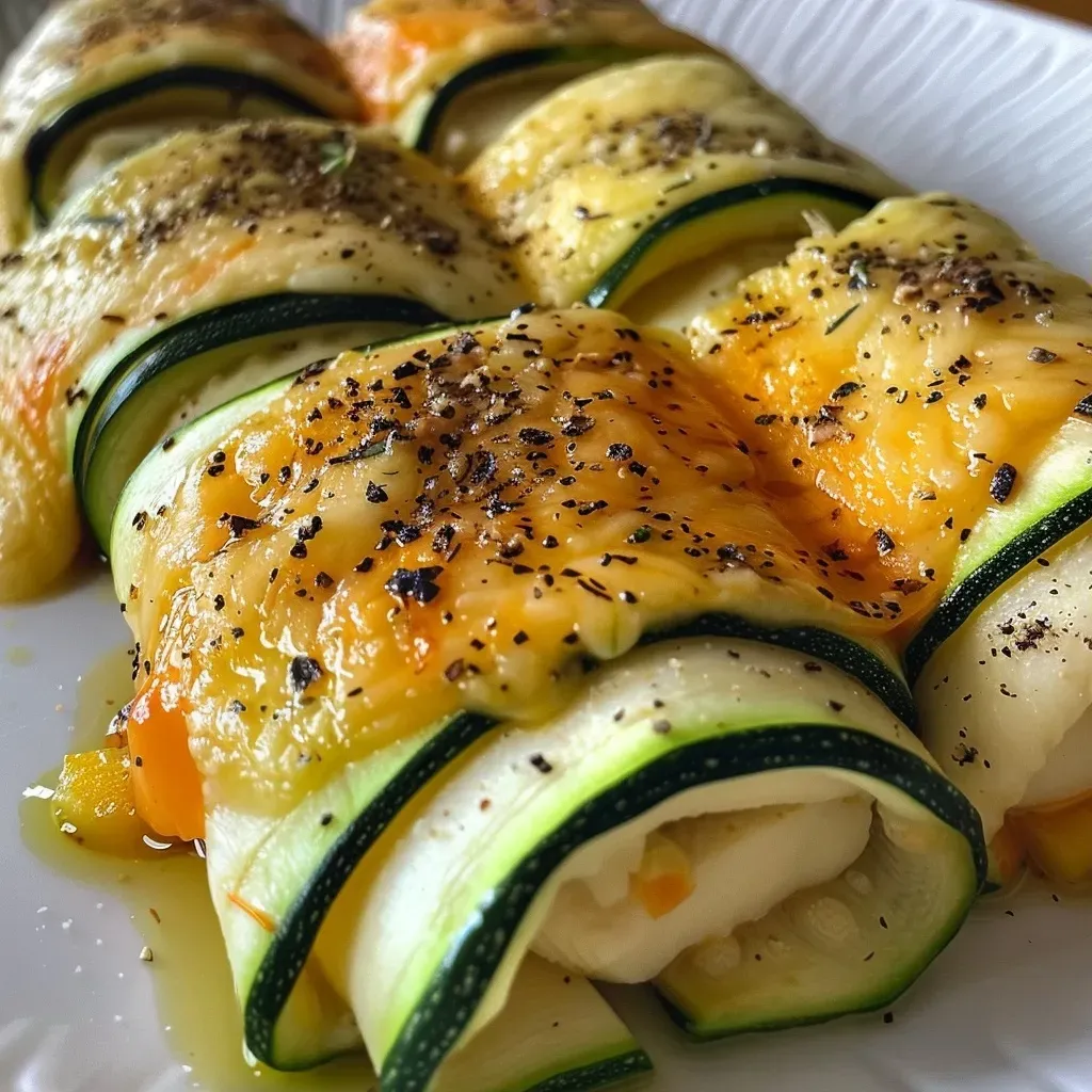 Close-up view of a zucchini wrap filled with various ingredients.