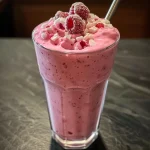 Close-up of a Zwetschgen smoothie in a glass with a straw.