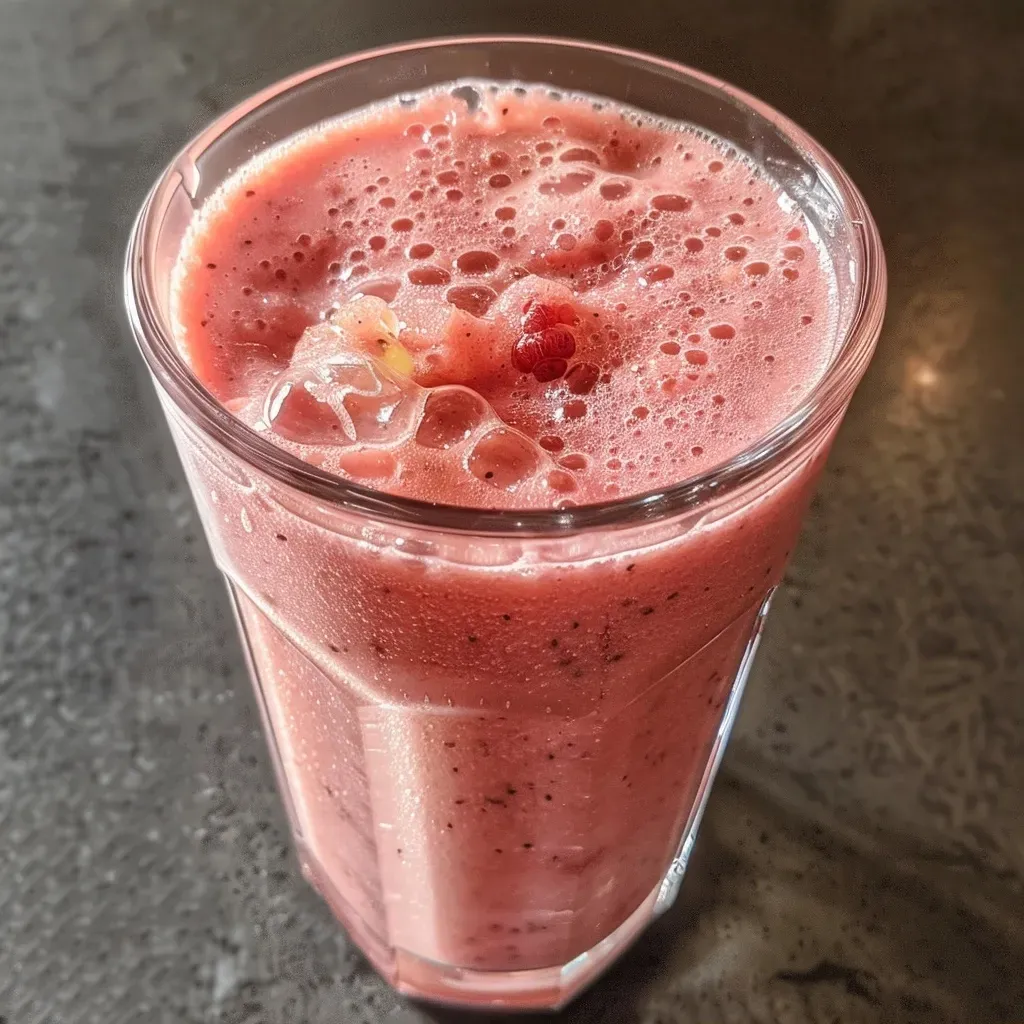 Side view of a refreshing Zwetschgen smoothie with ice and ginger.